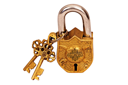 Pure brass handmade shield sword design lock with 2 keys front view — Indian Art Villa