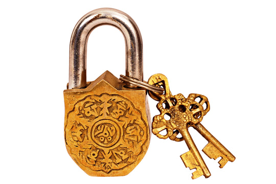Pure brass shield sword design lock side view — Indian Art Villa