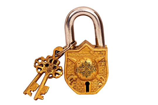 Pure brass handmade shield sword design lock full view — Indian Art Villa