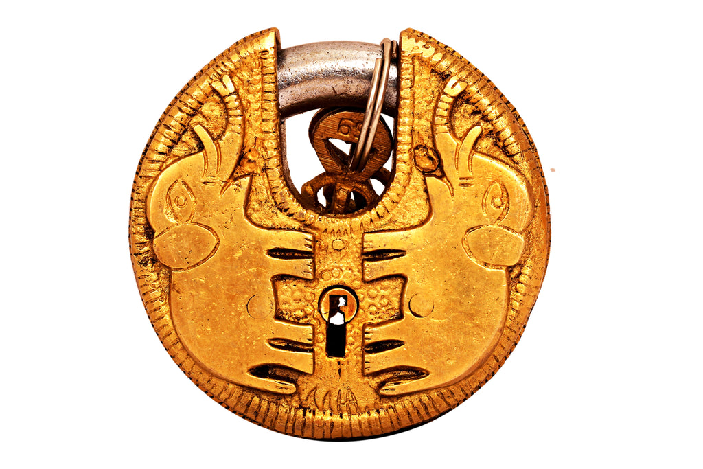 Indian Art Villa Brass Handmade Elephant Design Round Pad Lock With 2 Keys