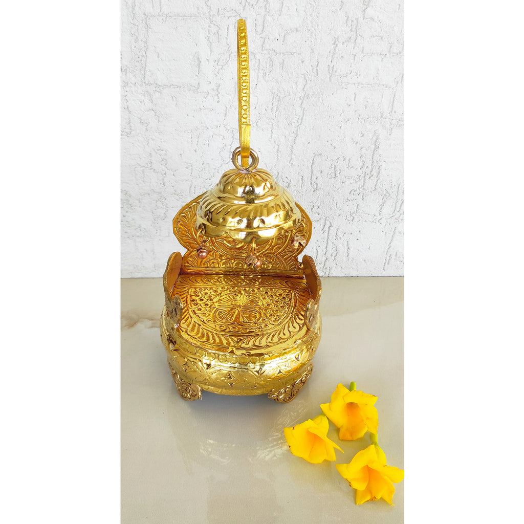 Indian Art Villa Handmade Om Design Brass Round Singhasan Chair of God, Temple Home Pooja, 11" Height, Gold