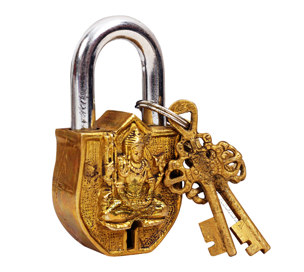 Indian Art Villa Pure Brass Meditating Lord Shiv Design Pad Lock With 2 Keys