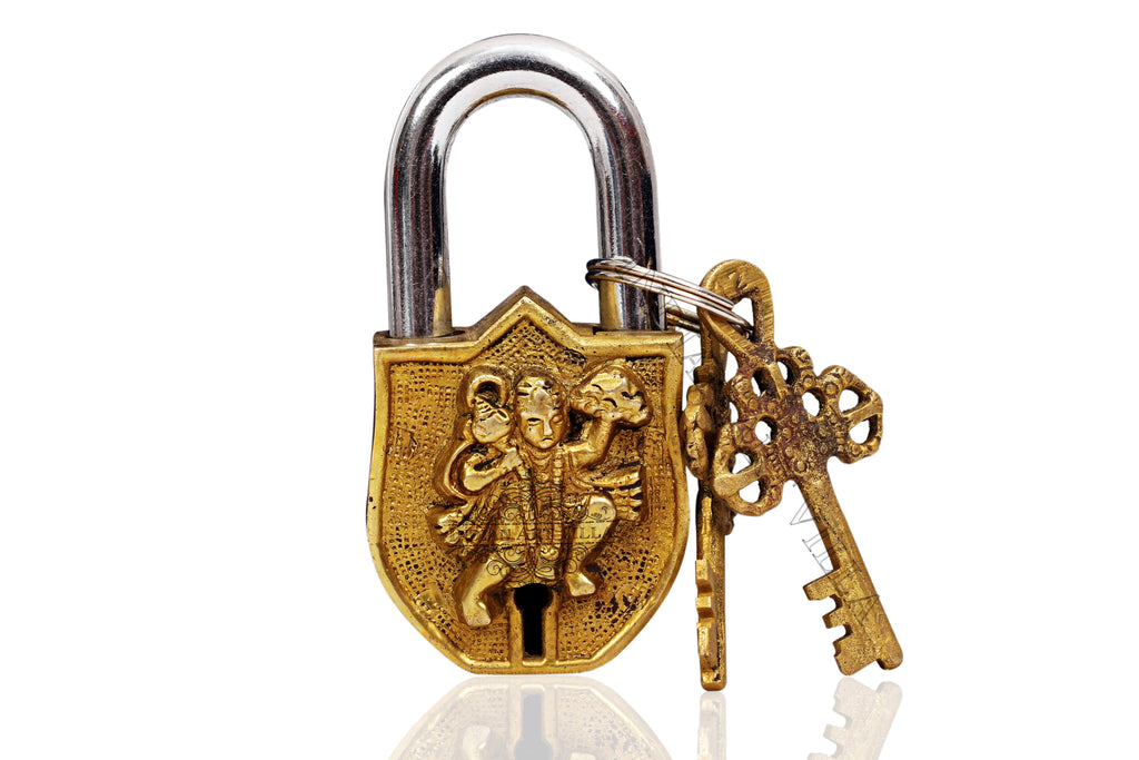 Indian Art Villa Pure Brass Hanuman Ji Design Pad Lock With 2 Keys