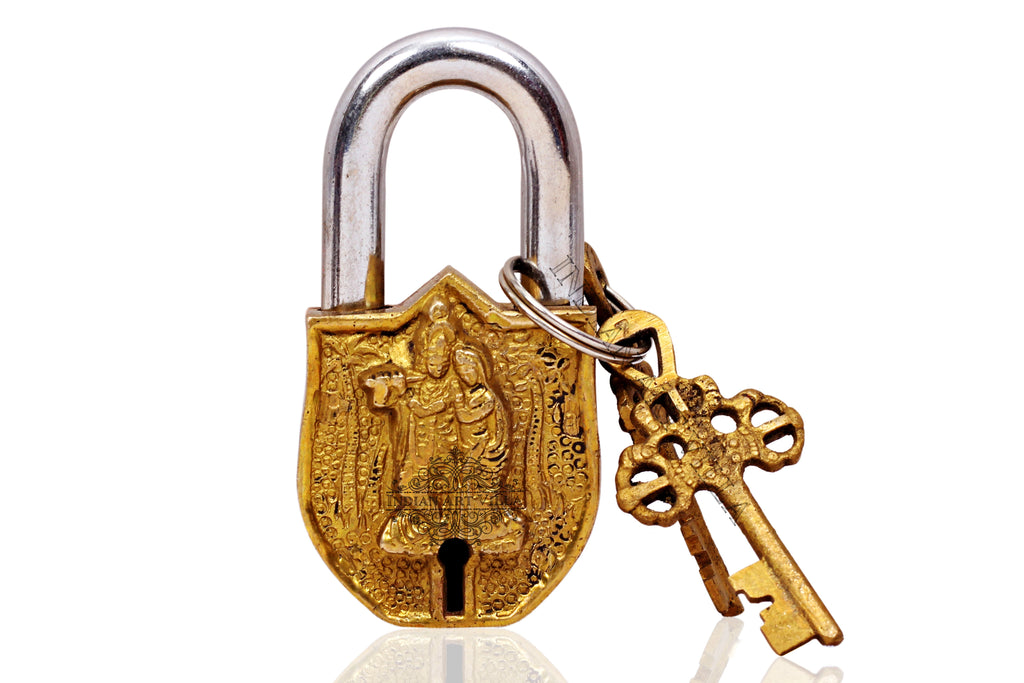 Indian Art Villa Pure Brass Handmade Radha Krishna Design Pad Lock With 2 Keys