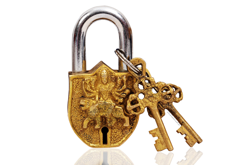 INDIAN ART VILLA Brass Handmade Durga Mata Design Lock With 2 Keys