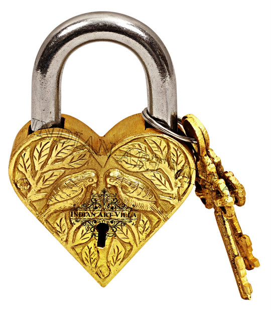 Pure brass heart shape pair of parrot design lock with 2 keys front view — Indian Art Villa
