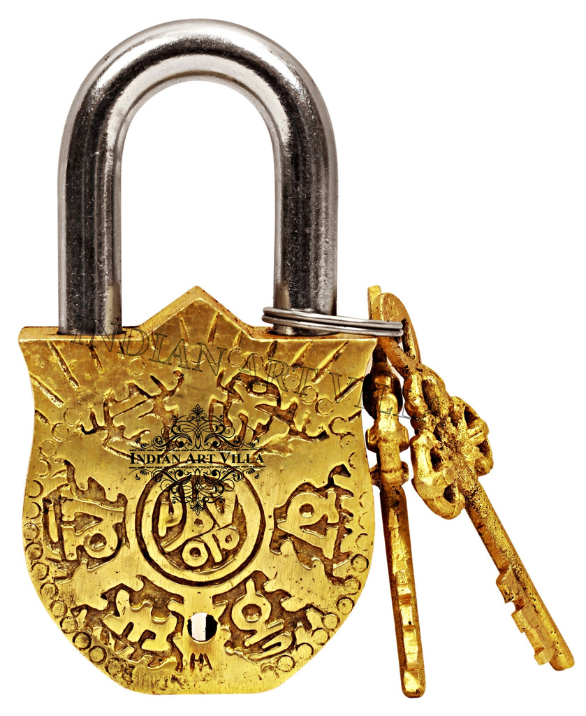 Indian Art Villa Pure Brass Vastu Fengshui Design Pad Lock with 2 Keys, Door Lock Security