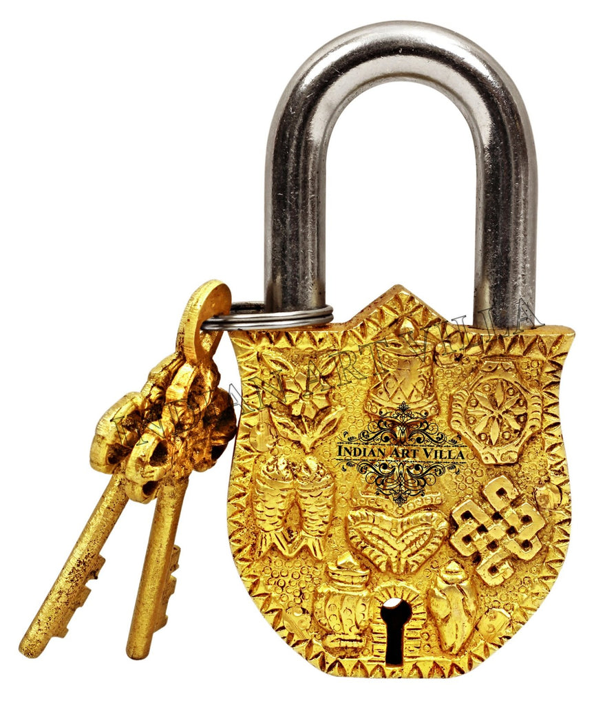 Indian Art Villa Pure Brass Vastu Fengshui Design Pad Lock with 2 Keys, Door Lock Security