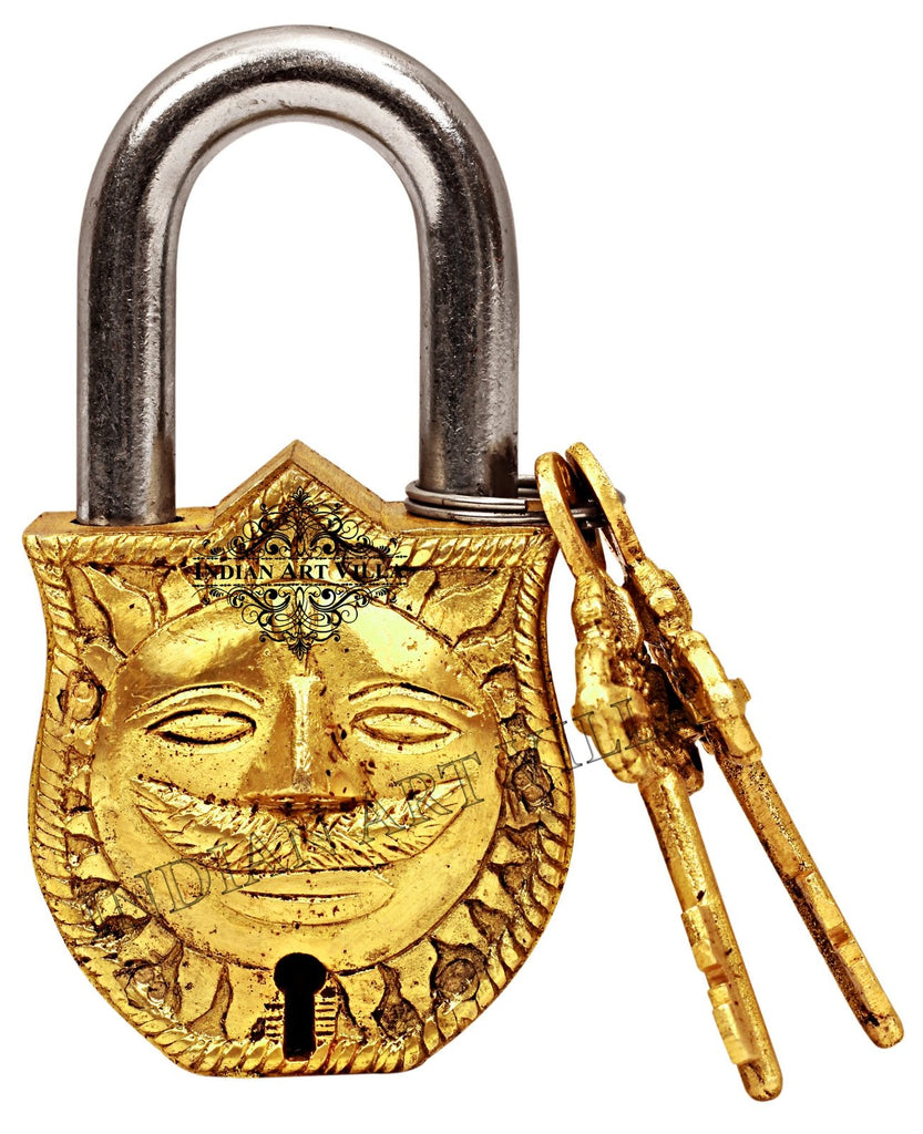 INDIAN ART VILLA Brass Surya Dev Smiling Sun Design Lock with 2 Keys