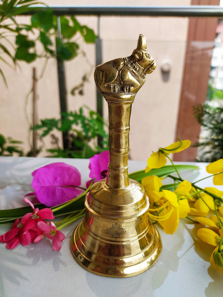 Indian Art Villa Brass Handmade Designer Pooja Bell, Ghanti, Nandi Cow Design, Spiritual Item