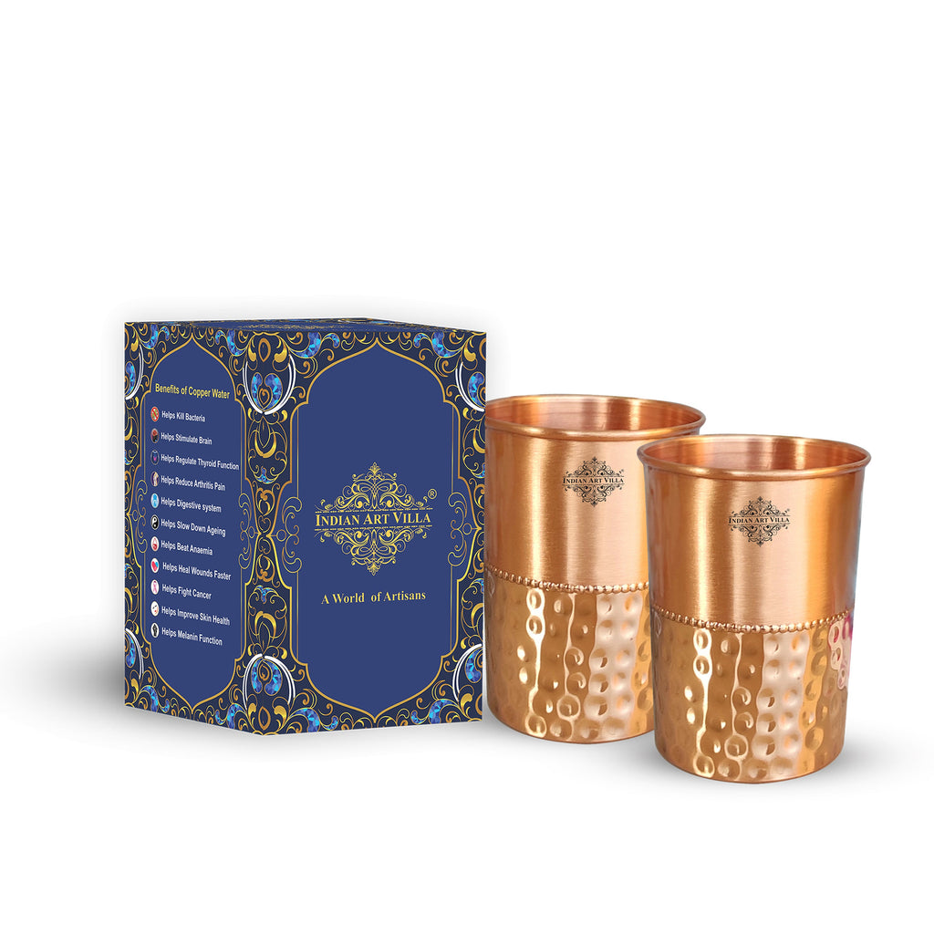 Indian Art Villa Pure Copper Glass With Half Lecquer Hammer Design Tumbler Cup For Water Storage