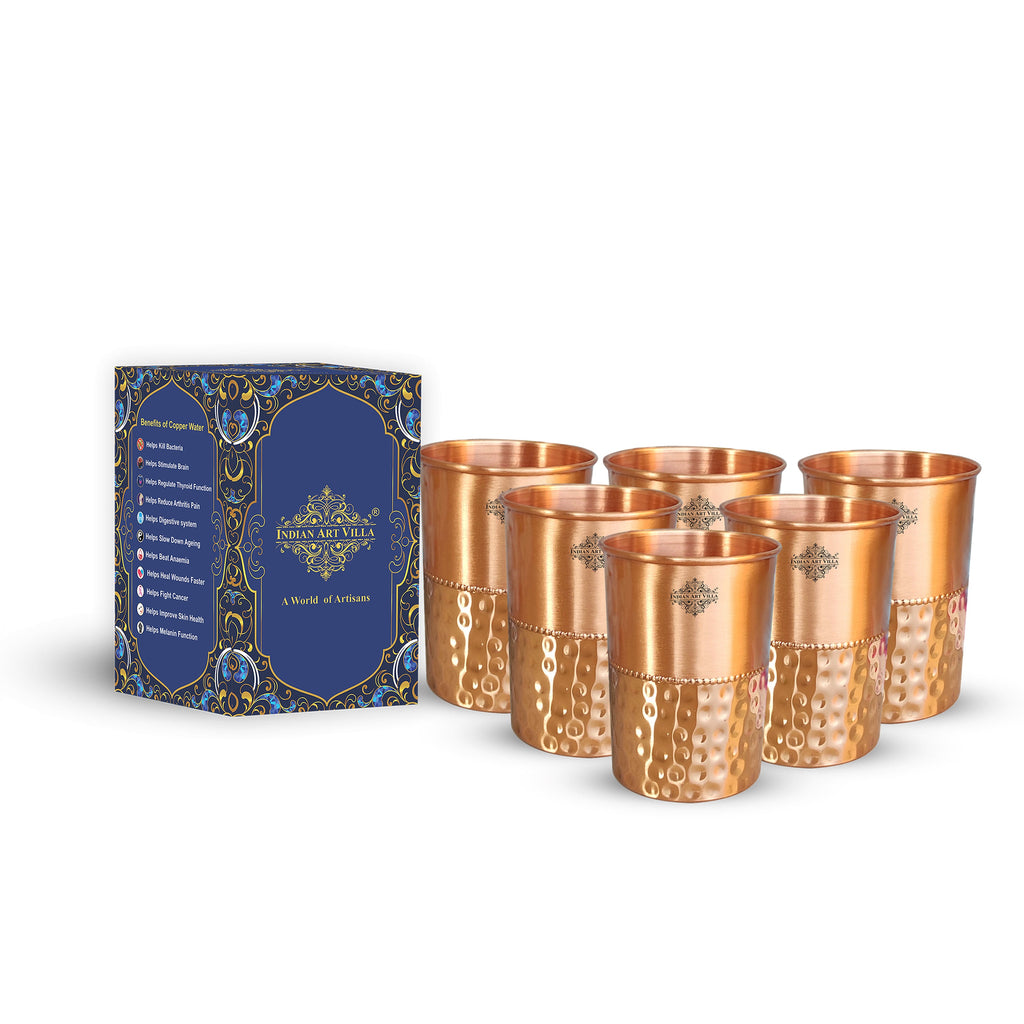 Indian Art Villa Pure Copper Glass With Half Lecquer Hammer Design Tumbler Cup For Water Storage