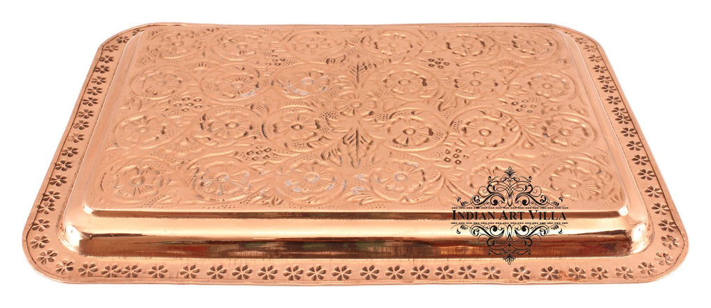 Indian Art Villa Pure Copper Engraved Flower Design Tray | Serving Tea Coffee Water Dishes | Home Hotel Restaurant Tableware