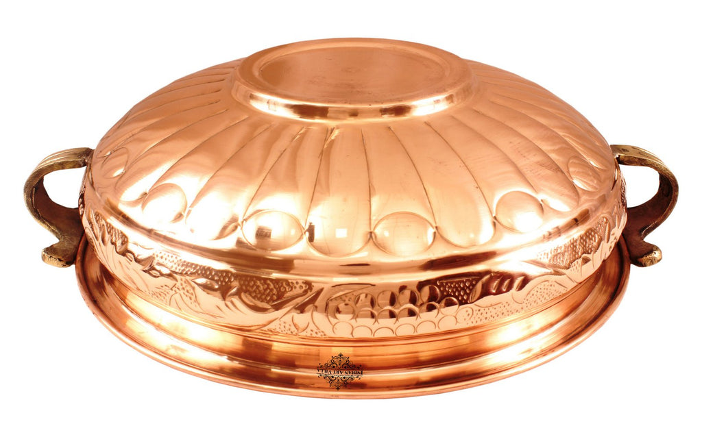 Indian Art Villa Copper Embossed Design Urli with Brass handles Decorative Platter