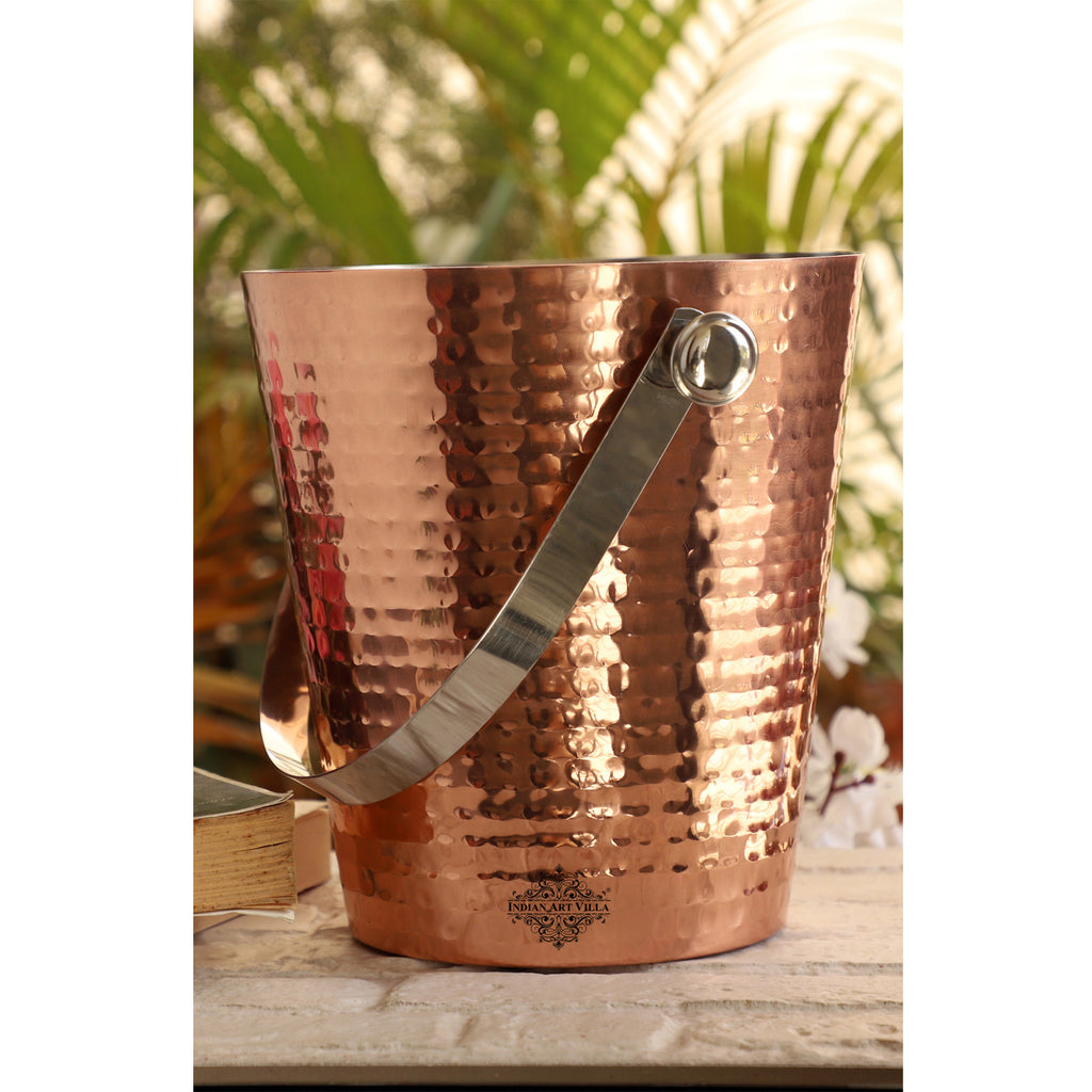 Indian Art Villa Copper Ice Bucket With Tin Lining Inside & Hammered Design, Bareware, Bar Accessories & Tools For Bars, Catering Venues, Home, Party, Hotels, Volume-4000 ML