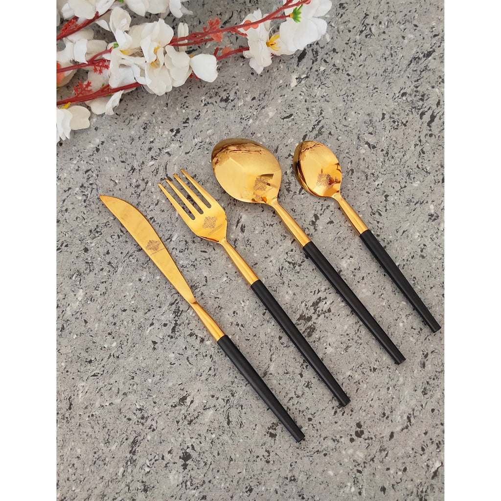 Indian Art Villa Pure Stainless Steel Black Gold Shine Finish  6x4=24 Pcs Cutlery Set