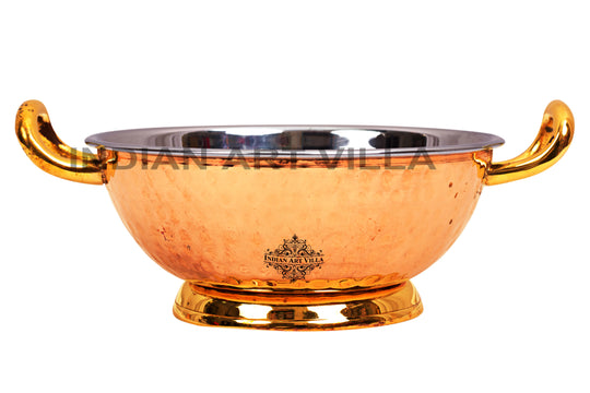 Steel Copper Hammered Design Kadhai with Brass Handle and Bottom
