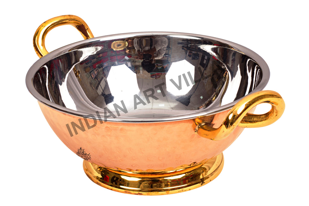Indian Art Villa Pure Steel Copper Hammered Design Kadhai with Brass Handle and Bottom