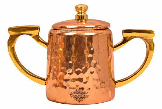 Copper hammered sugar pot inside tin lining brass handle full view — Indian Art Villa