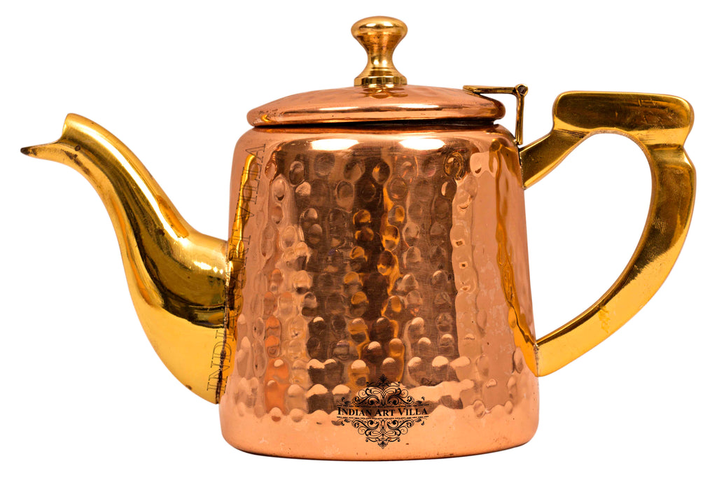 Indian Art Villa Pure Steel Copper Hammered Tea Pot with Inside Tin Lining & Brass Handle