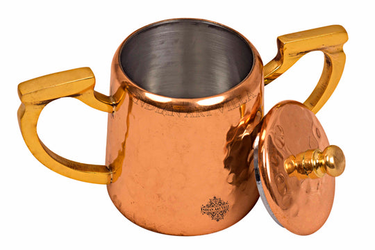 Copper hammered sugar pot tin lining brass handle side view — Indian Art Villa