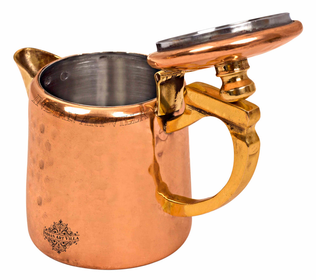 Indian Art Villa Pure Steel Copper Hammered Milk Pot with Inside Tin Lining  & Brass Handle