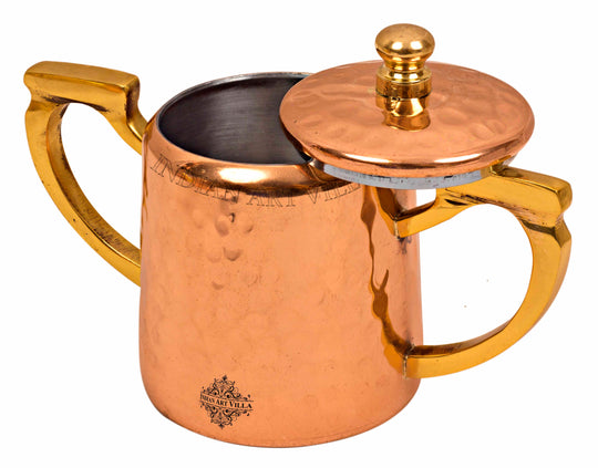 Copper hammered sugar pot tin lining brass handle top view — Indian Art Villa