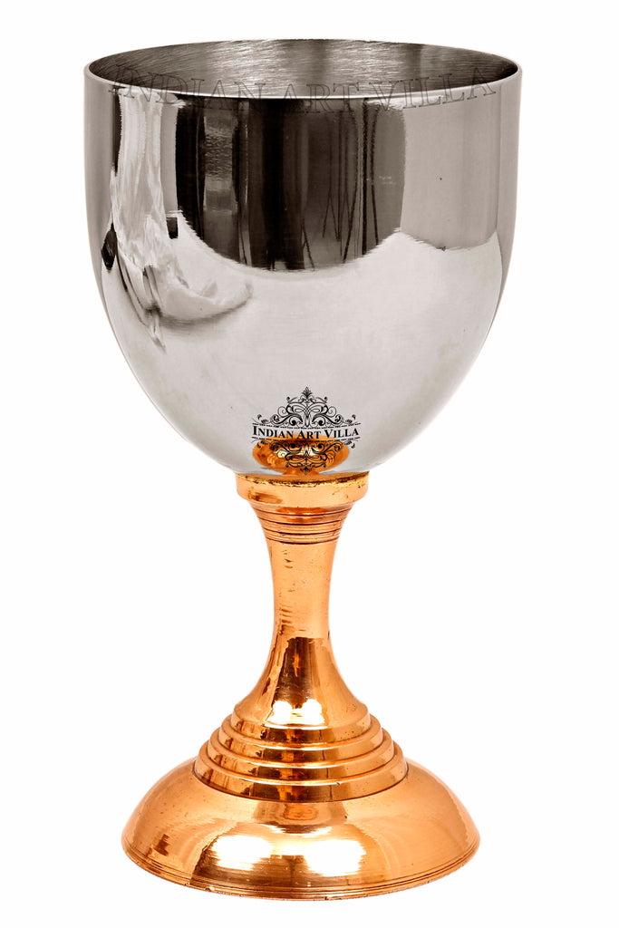 INDIAN ART VILLA Steel Golblet Wine Glass with Copper Bottom 300 ML