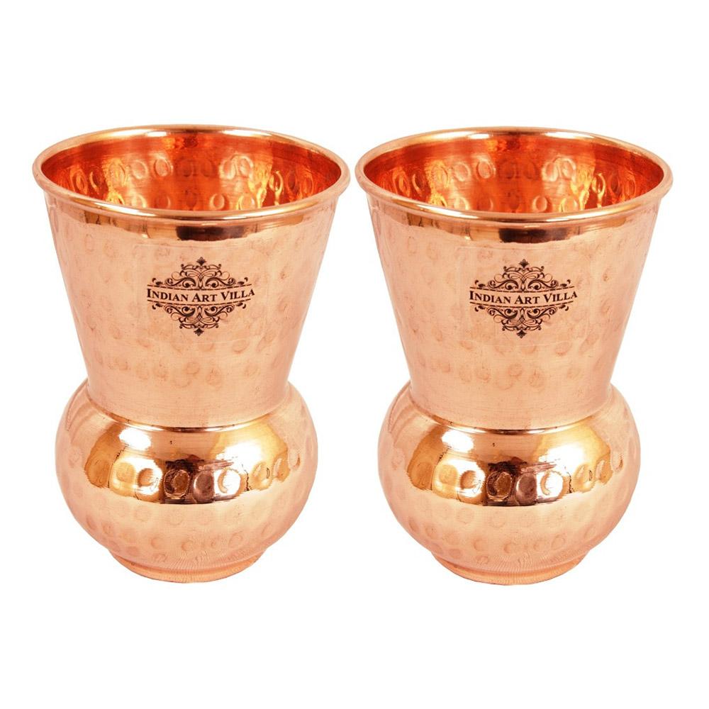 INDIAN ART VILLA Pure Copper Round Glass, with Hammered Design, 300 ml