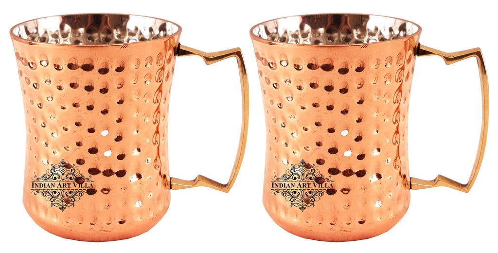 Indian Art Villa Pure Steel Copper Hammered Design Round Curved Mug Glass Tumbler
