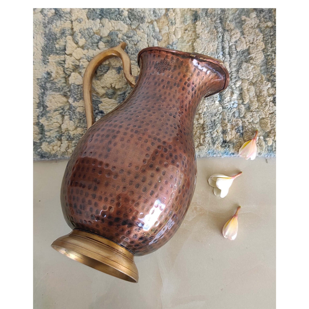 Indian Art Villa Copper Nickle Mughlai Hammered Design Antique Dark Tone Jug with Brass Handle & Bottom, Storage & Serving Water, Volume-1750 ml