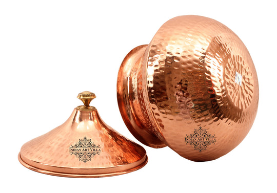 Copper Punjabi Handi with Brass Knob and Hammered Design Classic Serveware from Indian Art Villa for Cooking and Gifting