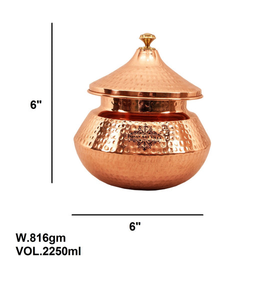 Handcrafted Copper Punjabi Handi with Hammered Design and Brass Knob Serveware for Authentic Indian Dining