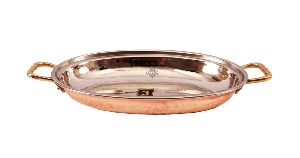 Indian Art Villa Steel Copper Dish Serving Oval Platter with Brass Handle
