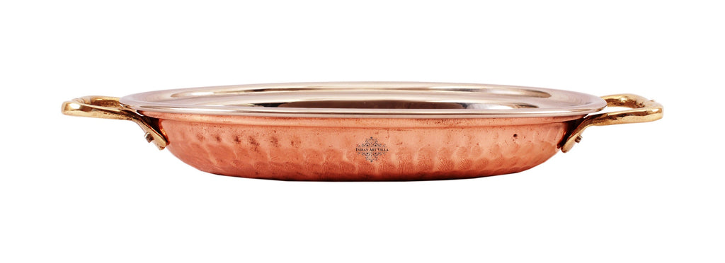 Indian Art Villa Steel Copper Dish Serving Oval Platter with Brass Handle