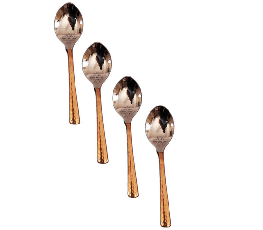 4 premium copper spoons with finely hammered copper handles and gleaming steel heads for daily use and gifting.