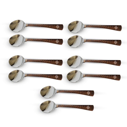 Premium steel copper spoon set with decorative hammered design ideal for dining and kitchen use.