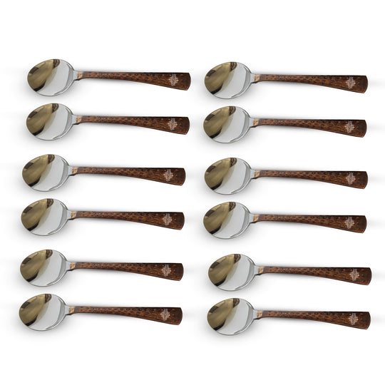 High-quality steel copper spoon set with a hammered finish ideal for elegant table settings by IAV
