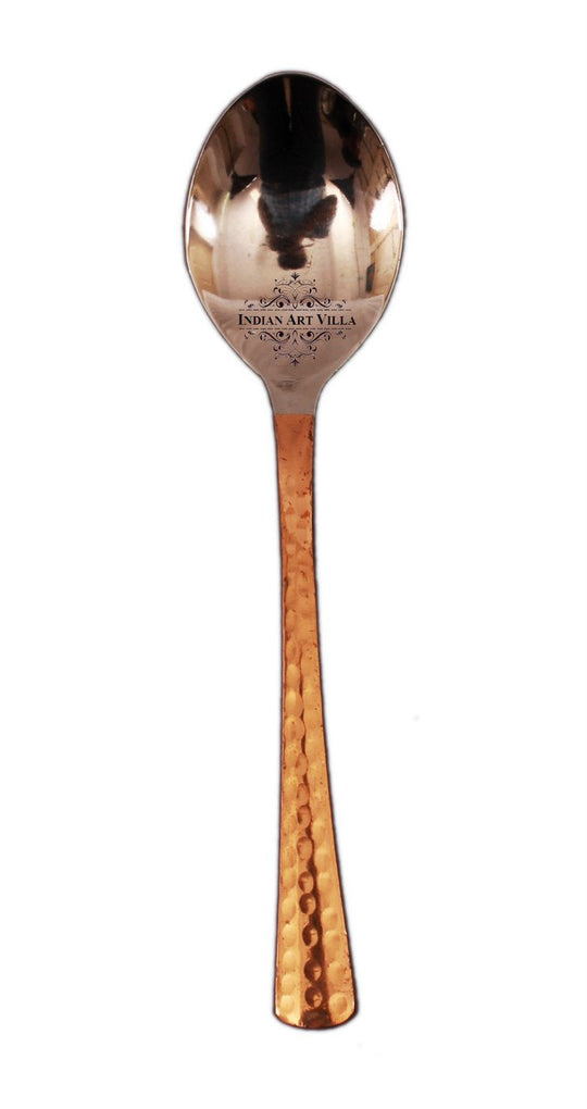 Copper spoons with smooth stainless steel heads and hammered copper handles ideal for serving or gifting at events.