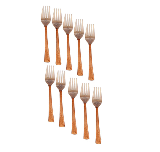 Set of 10 steel copper forks with beautifully hammered handles featuring smooth steel heads ideal for upscale meals.