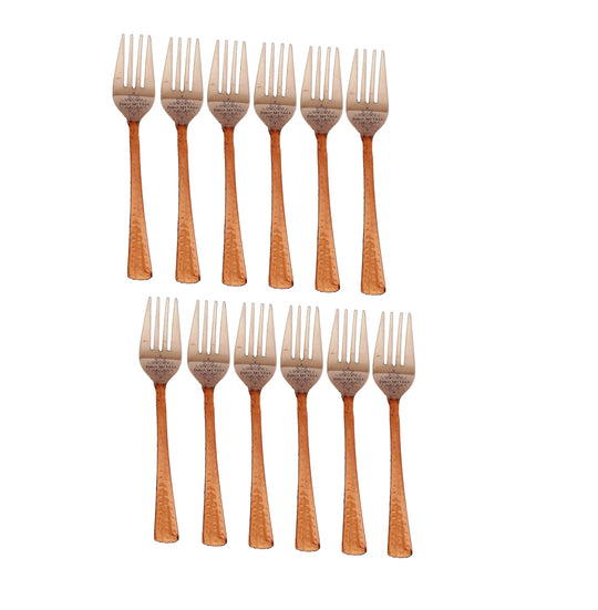 Twelve steel copper forks with textured handles and smooth steel heads perfect for formal or casual occasions.