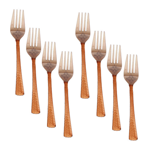 Elegant set of 8 steel copper forks with hammered handles featuring smooth steel tips perfect for refined meals.