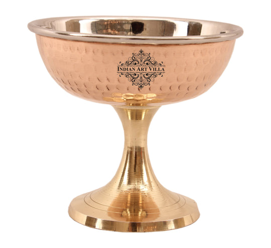 Handcrafted copper dessert bowl on brass pedestal elegant design ideal for serving ice cream and sweets at gatherings.