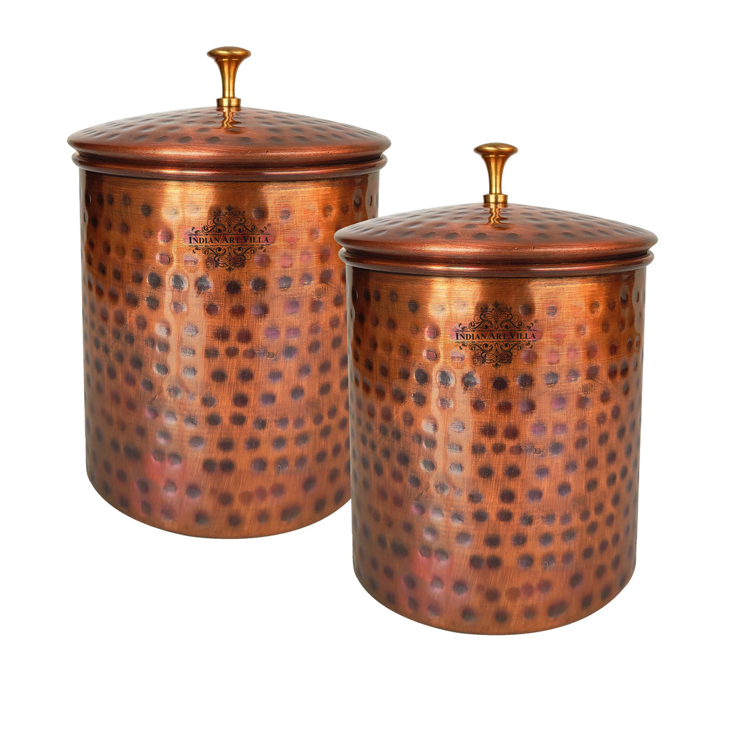 Indian Art Villa Pure Copper Hammered Design Storage Box/Container With Brass Knob On Top