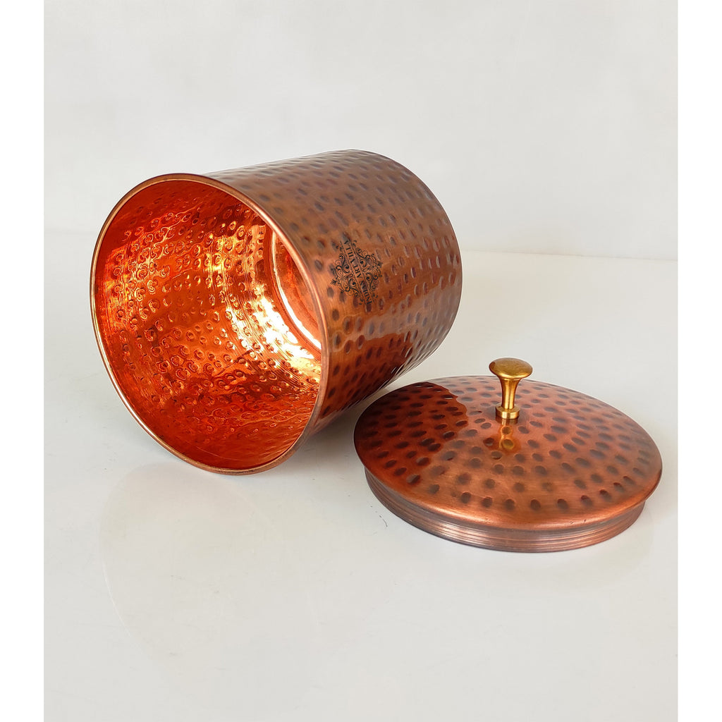 Indian Art Villa Pure Copper Hammered Design Storage Box/Container With Brass Knob On Top