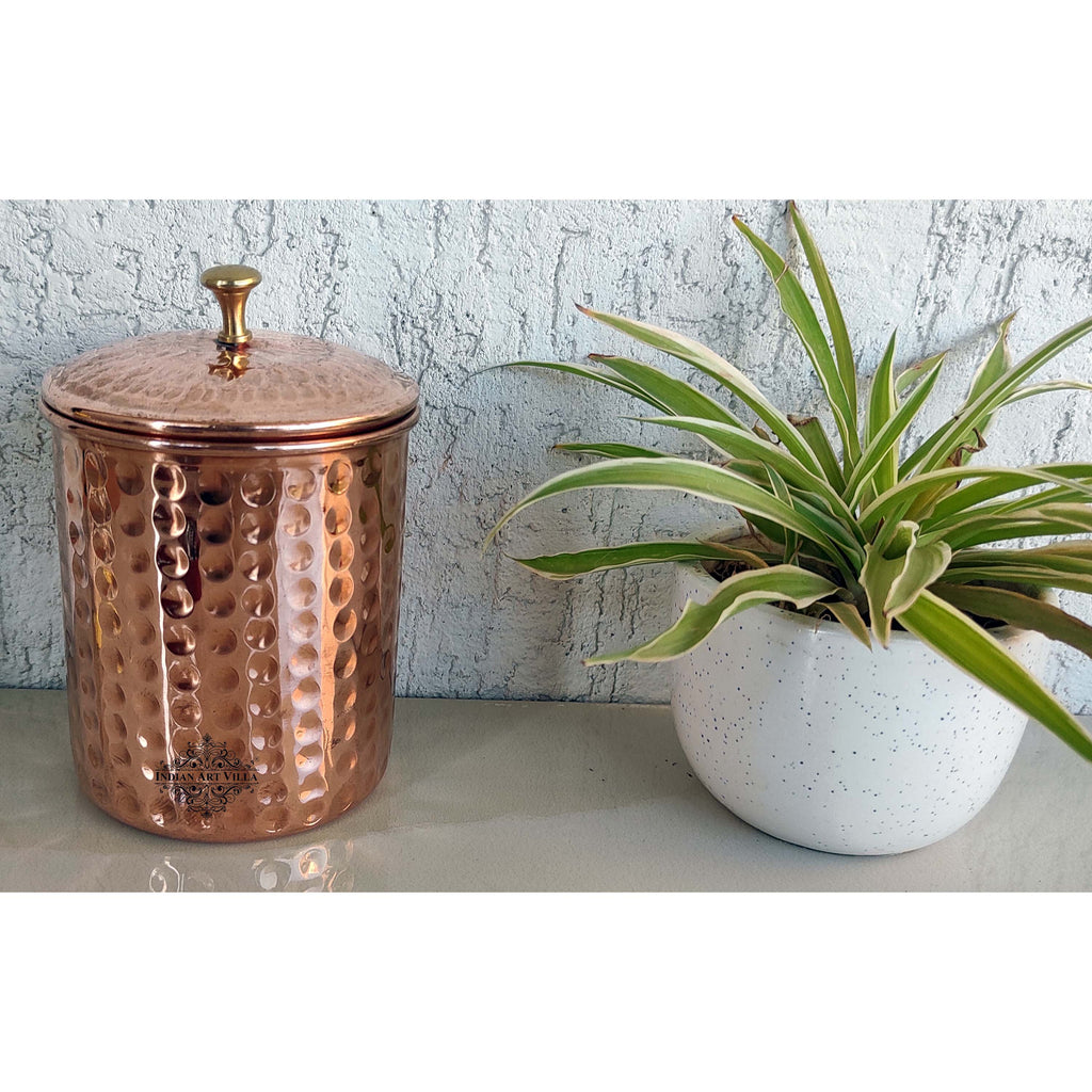 Indian Art Villa Pure Copper Hammered Design Storage Box/Container With Brass Knob On Top, Volume-1300 ml
