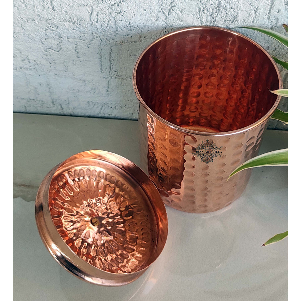 Indian Art Villa Pure Copper Hammered Design Storage Box/Container With Brass Knob On Top, Volume-1300 ml