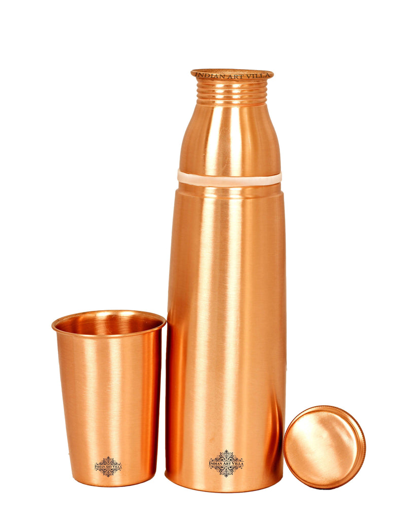 Indian Art Villa Pure Copper Matt Finished Lacquer Coated Water Bottle With Built-in Glass, Drinkware, 950 ML