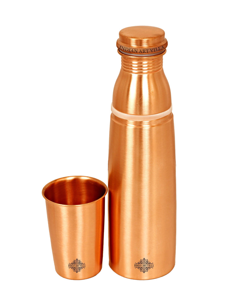 Indian Art Villa Pure Copper Matt Finished Lacquer Coated Water Bottle With Built-in Glass, Drinkware, 950 ML