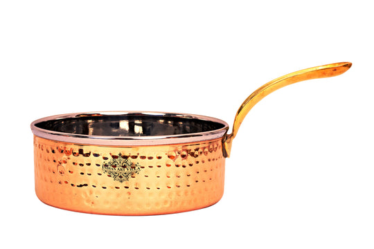 Pure Steel Copper Hammered Design Serving Sauce Pan with Brass Handle